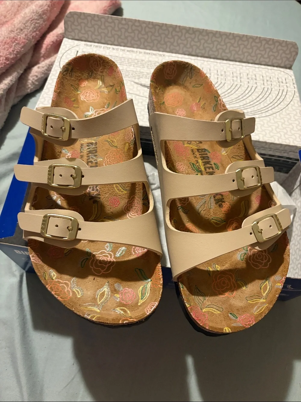 New Beige Triple-Buckle Floral Footbed Sandals